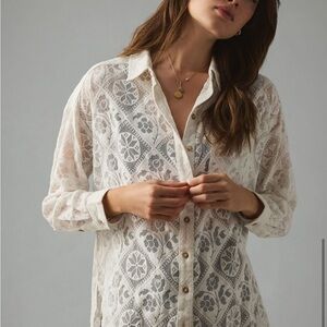 Pilcro Anthropologie White Lace Button-Up Blouse